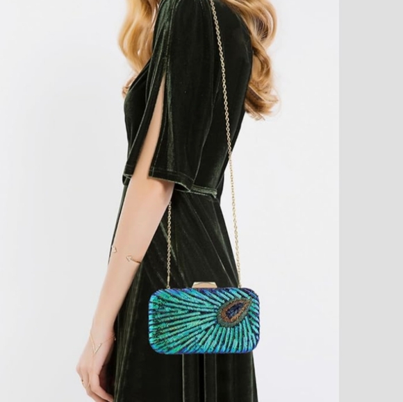 Peacock Blue Feather Retro 20s 30s Style Sequin Box Clutch Purse Crossbody Chain - Picture 2 of 16